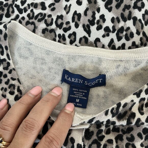 Karen Scott Size Med Cheetah Animal Print Button‎ Cardigan Sweater Office Career - Picture 4 of 9